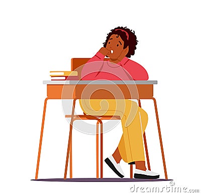 Boring Child Sitting at Desk Yawning while Listening Lecture on Lesson in School, Little African Pupil Kid Boredom Vector Illustration