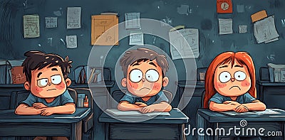 Boring classroom antics featuring three students trapped in dullness Stock Photo