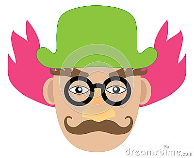 Boring clown with pink hair and green hat. Vector Vector Illustration