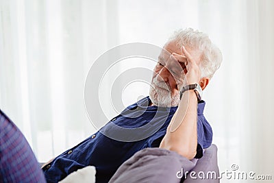 Boring stress worry elder, Old men thinking hard and feel anxious moody expression Stock Photo