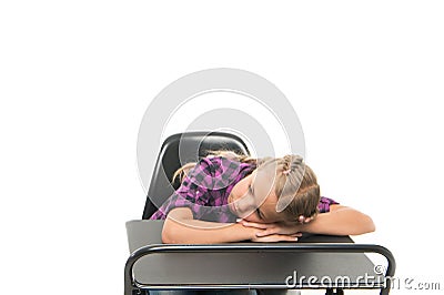 Boring topic. Bored pupils riot. Fall asleep on lesson. Girl sleep school lesson white background. Schoolgirl tired of Stock Photo