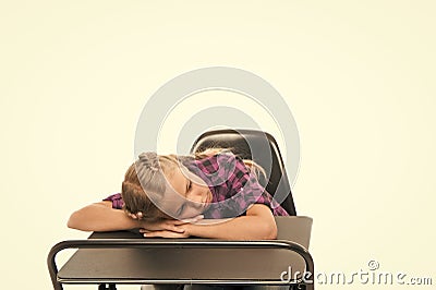 Boring topic. Bored pupils riot. Fall asleep on lesson. Girl sleep school lesson white background. Schoolgirl tired of Stock Photo
