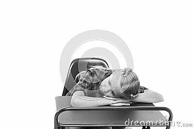 Boring topic. Bored pupils riot. Fall asleep on lesson. Girl sleep school lesson white background. Schoolgirl tired of Stock Photo