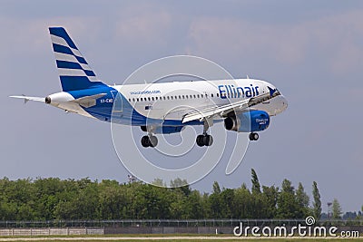 SX-EMB Ellinair Airbus A319-100 aircraft landing on the runway Editorial Stock Photo