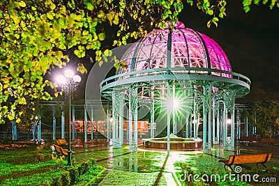 Borjomi, Samtskhe-Javakheti, Georgia. Pavilion Above Hot Spring Of Borjomi Mineral Water. Famous Local Landmark Is City Stock Photo