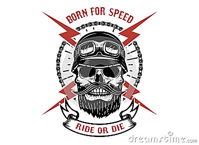 Born for speed, ride or die. Human skull with crossed lightning. Design element for logo, label, emblem, sign. Vector Illustration