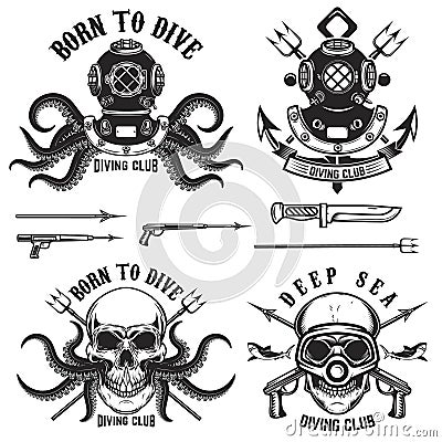 Born to dive. Set of vintage diver helmets, diver label templates and design elements. Design elements for logo, label, emblem, s Vector Illustration