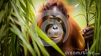 Bornean orangutan on the tree under rain in the wild nature. Central Bornean orangutan Generative Ai Stock Photo