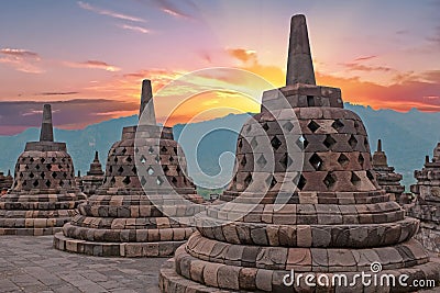 Borobudur Buddist Temple in island Java Indonesia at sunset Editorial Stock Photo