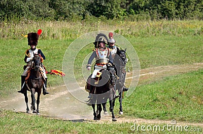 BORODINO, MOSCOW REGION - SEPTEMBER 02, 2018: Reenactors dressed as Napoleonic war soldiers at Borodino battle Editorial Stock Photo