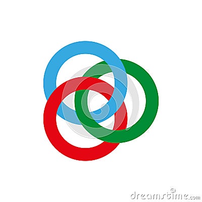 Borromean rings. Three simple closed curves. Three colored intersecting circles, rings. Vector illustration. Vector Illustration