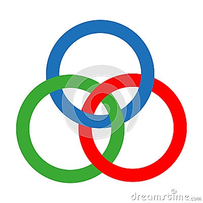Borromean rings. Three simple closed curves. Three colored intersecting circles, rings. Vector illustration. EPS 10. Vector Illustration