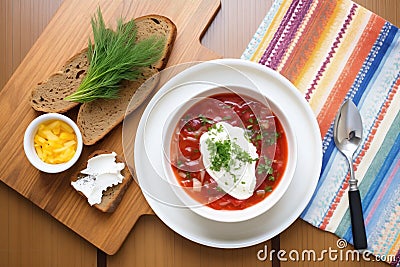 borscht meal for two, side of sour cream, pumpernickel bread, fresh herbs on top Stock Photo