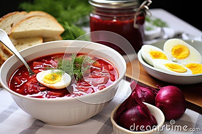 borscht with a side of pickles and hard-boiled eggs Stock Photo