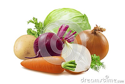 Borscht vegetables isolated: beet, cabbage, potato, carrot and onion Stock Photo