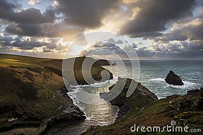 Boscastle Harbour mouth on a cloudy autumn afternoon, Cornwall, UK Stock Photo