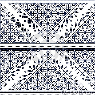 Bosnia and Herzegovian`s traditional Zmijanski vez cross stitch style vector seamless pattern, geometric navy blue folk art orname Vector Illustration
