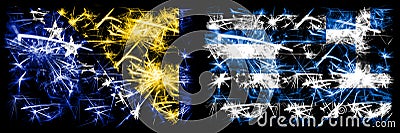 Bosnia and Herzegovina, Bosnian, Greece, Greek, flip sparkling fireworks concept and idea flags Stock Photo