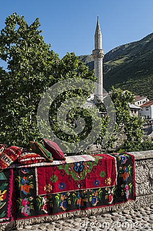 Mostar, carpet, skyline, mosque, minaret, symbolic, Bosnia and Herzegovina, Europe, islam, religion, place of worship Stock Photo