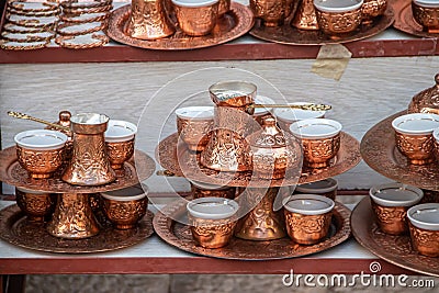 Bosnian Turkish coffee served in Ottoman style dishes Editorial Stock Photo