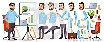 Boss Business Man Character Vector. Working Bearded CEO Male. Start Up. Modern Office Workplace. Chief Executive Officer Vector Illustration