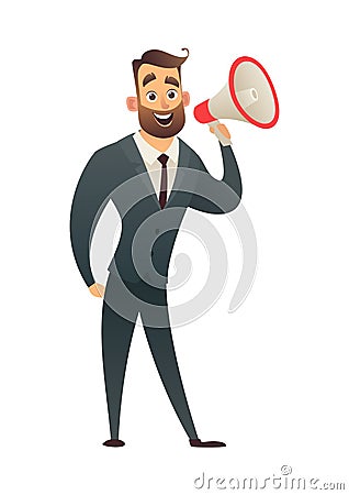 Boss businessman or manager man in suit shouting through Vector Illustration