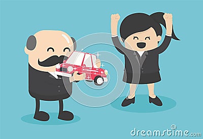 Boss businessmen give a car to successful business women Vector Illustration