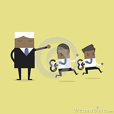 African businessman jumping over obstacle and holding trophy.Boss command mechanical African businessmen. Vector Illustration