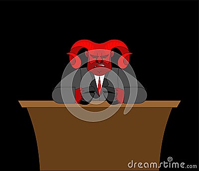 Boss devil in table. Demon businessman. Satan Chief. Angry Lucifer Vector Illustration