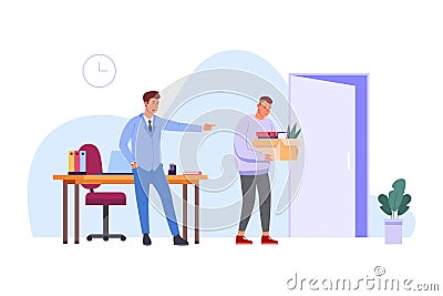 Boss dismissing employee. Dismissal worker, employer pointing door quit office fired businessman leave work place job Vector Illustration