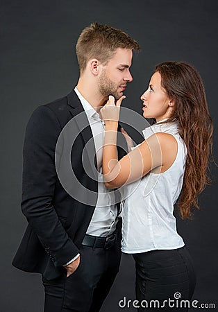 boss and employee. ambitious colleague experts. bearded man and woman. Stock Photo