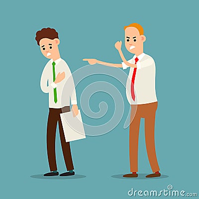 Boss and employee. Chief executive angry with office worker. Shouting at man. Punishment of employer to employee. Official rebuke Vector Illustration