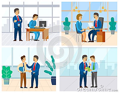 Boss Supervising Novice, Interview with Newcomer Vector Illustration