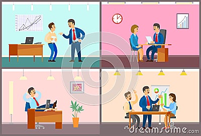 Boss and Employees in Office, Working Process Vector Illustration