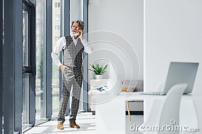 Boss in formal clothes works in office. Senior stylish modern man with grey hair and beard indoors Stock Photo