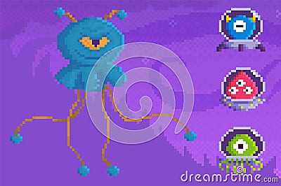 Boss of game next to little aliens. Angry blue monster with one eye. Cosmic object attacks heroes Vector Illustration