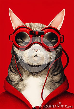 Boss like cat wearing red goggles on red background Cartoon Illustration