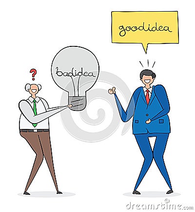 The boss presents a bad idea to his worker and asks. He`s scared and says it`s a good idea Vector Illustration