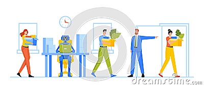 Boss Replacing Employees on Robot. Male Character Leave Office with Stuff in Carton Box due to Dismissal from Workplace Vector Illustration