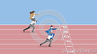 Boss rides piggyback on employee team staff and runs on a race track to win at the PROFIT finish line Vector Illustration