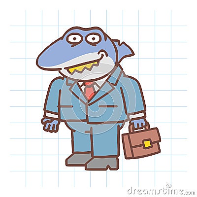 Boss shark holding suitcase and smiling. Hand drawn character Vector Illustration