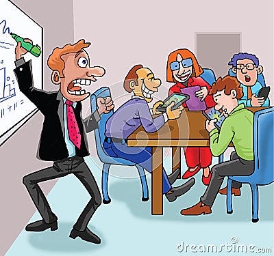 Boss shocking when saw all staff using smartphone during meeting Cartoon Illustration