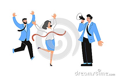 Boss shouting through megaphone to employees running for success Vector Illustration