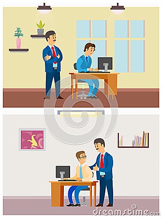 Boss Supervising New Worker by Laptop, Office Job Vector Illustration