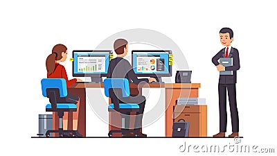 Boss watching at two analyst employees working Vector Illustration