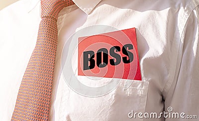 Boss word on paper in pocket of CEO. Business leader concept Stock Photo