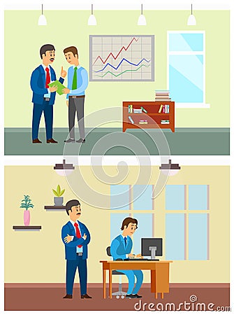 Boss and Worker, Supervisor of Novice at First Job Vector Illustration