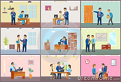 Boss Working in Office, Dismissal and Interview Vector Illustration