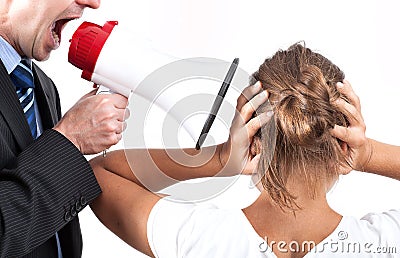 Boss yelling at his employee Stock Photo