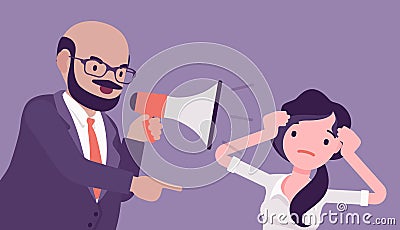 Bossy man crying into megaphone in loud voice addressing woman Vector Illustration